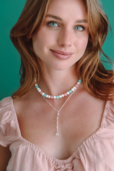 Collar Lariat Piedras Naturales Cuarzo Rosa Plata - Atesorame