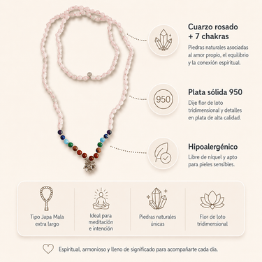Collar Aura Japa Mala Cuarzo Rosa - Atesorame